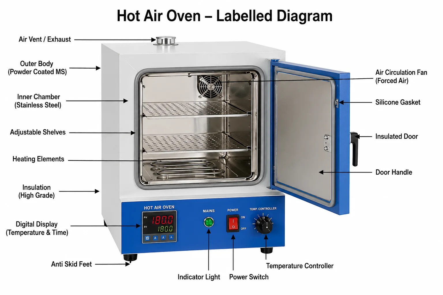 Read more about the article Hot Air Oven Diagram with Labelled Parts, Temperature & Time Explained 